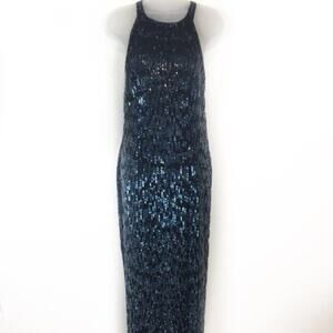 Shimmer Evening Gown Papell Boutique Women's High Neck Bodycon Navy Sequin SZ 6